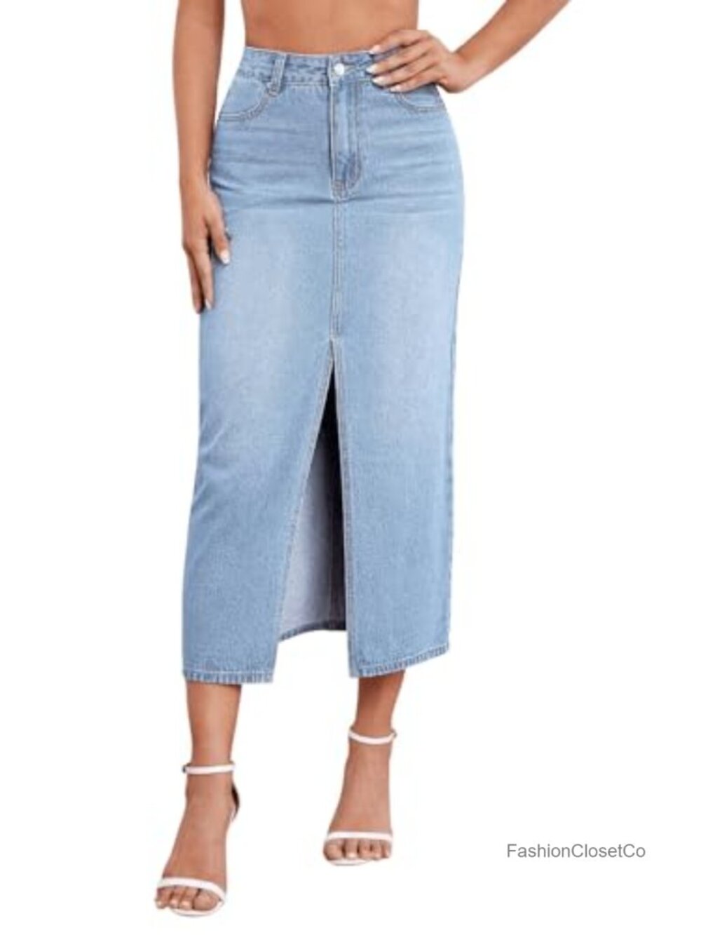 Women's Stretch Denim Skirt Mid-Length with Center Slit, High Rise, A-Line